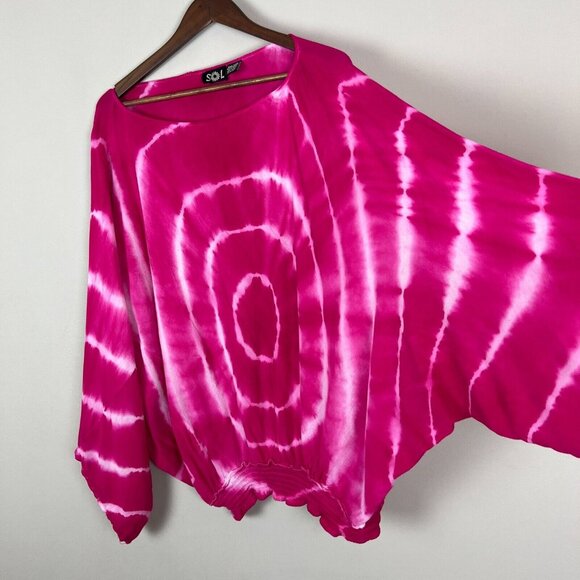 SOL Top Women OS Pink Tie-Dye Boho Hippie Long Wide Sleeve Smocked One Size Fits - Picture 6 of 11